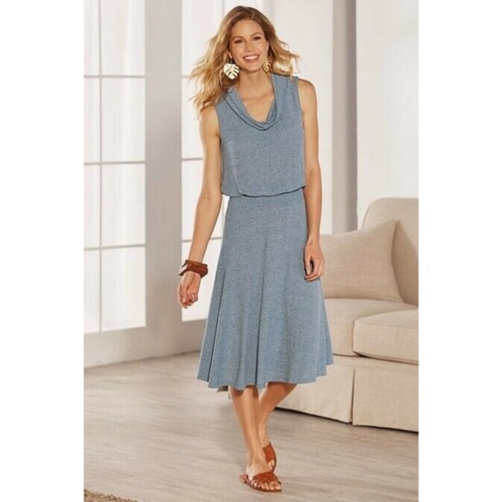 Soft Surroundings Kerry Blue Cowl Neck Smocked Waist Sleeveless Dress Medium